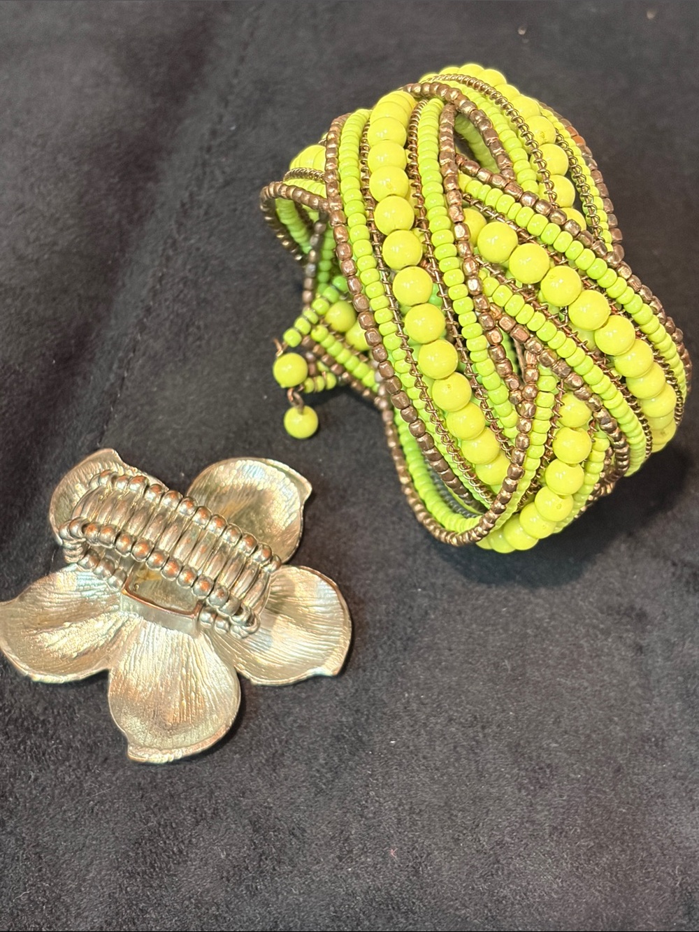 Lime Green Beaded Wrap Bracelet and Floral Ring Set - Picture 3 of 4